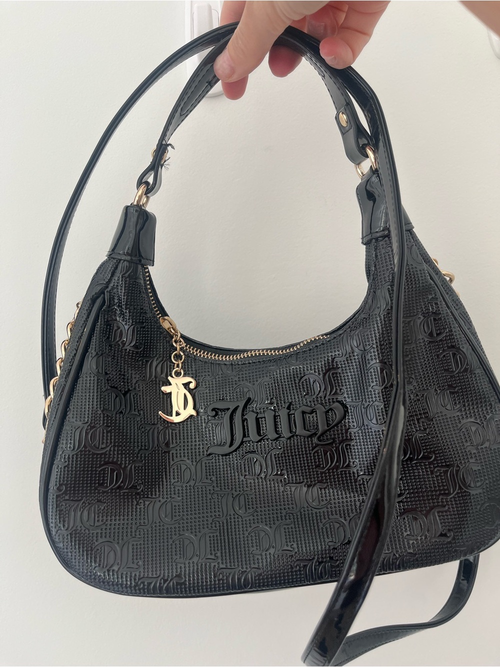 Juicy Couture Black Logo-Embossed Shoulder Bag with Gold Charm